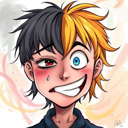 A dual-faced character displaying both a depressed and a manic expression, the left half of the face shows deep sorrow with tear-streaked cheeks and downturned lips, while the right half radiates manic energy with wide eyes and an exaggerated smile