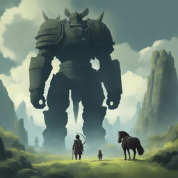 A digital art image combining 'Shadow of the Colossus' with Studio Ghibli's art style