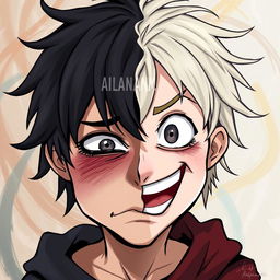 A dual-faced character displaying both a depressed and a manic expression, the left half of the face shows deep sorrow with tear-streaked cheeks and downturned lips, while the right half radiates manic energy with wide eyes and an exaggerated smile