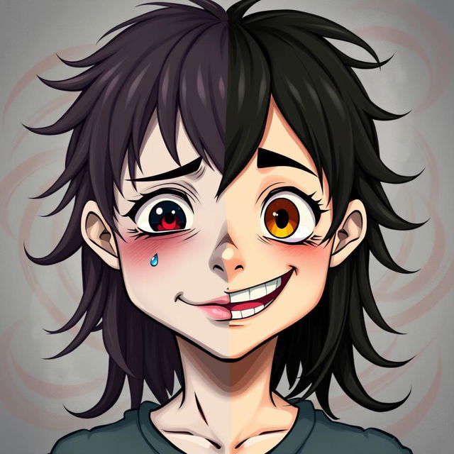 A dual-faced character displaying both a depressed and a manic expression, the left half of the face shows deep sorrow with tear-streaked cheeks and downturned lips, while the right half radiates manic energy with wide eyes and an exaggerated smile