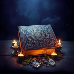 A mystical and enchanting book cover design featuring an ancient grimoire, richly adorned with intricate ornamental patterns and symbols related to esotericism and spirituality