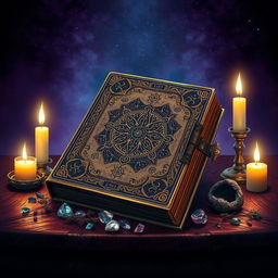 A mystical and enchanting book cover design featuring an ancient grimoire, richly adorned with intricate ornamental patterns and symbols related to esotericism and spirituality