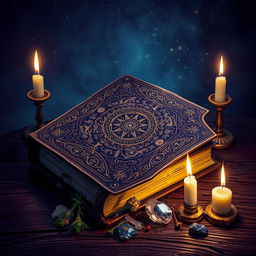 A mystical and enchanting book cover design featuring an ancient grimoire, richly adorned with intricate ornamental patterns and symbols related to esotericism and spirituality