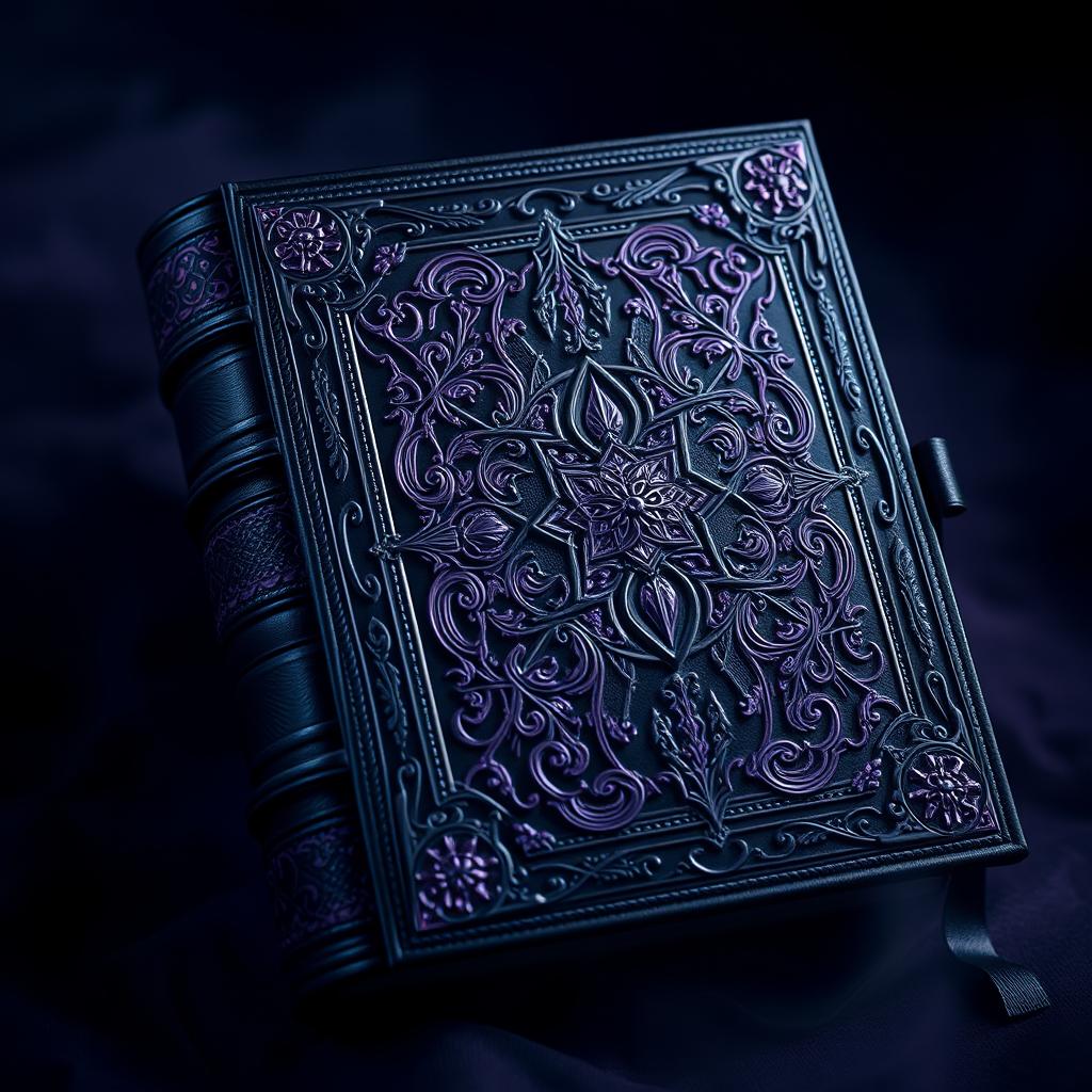 A mystical and esoteric book cover featuring an ornate grimoire bound in luxurious black leather