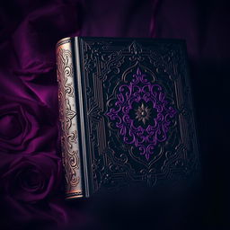 A mystical and esoteric book cover featuring an ornate grimoire bound in luxurious black leather