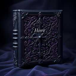 A mystical and esoteric book cover featuring an ornate grimoire bound in luxurious black leather