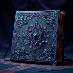 A mystical and esoteric book cover featuring an ornate grimoire bound in luxurious black leather
