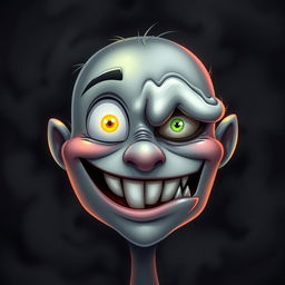A split-faced character featuring one side with a joyful expression characterized by a wide, beaming smile and bright, sparkling eyes, and the other side displaying a sorrowful and frightening expression with a frown and wide, menacing eyes