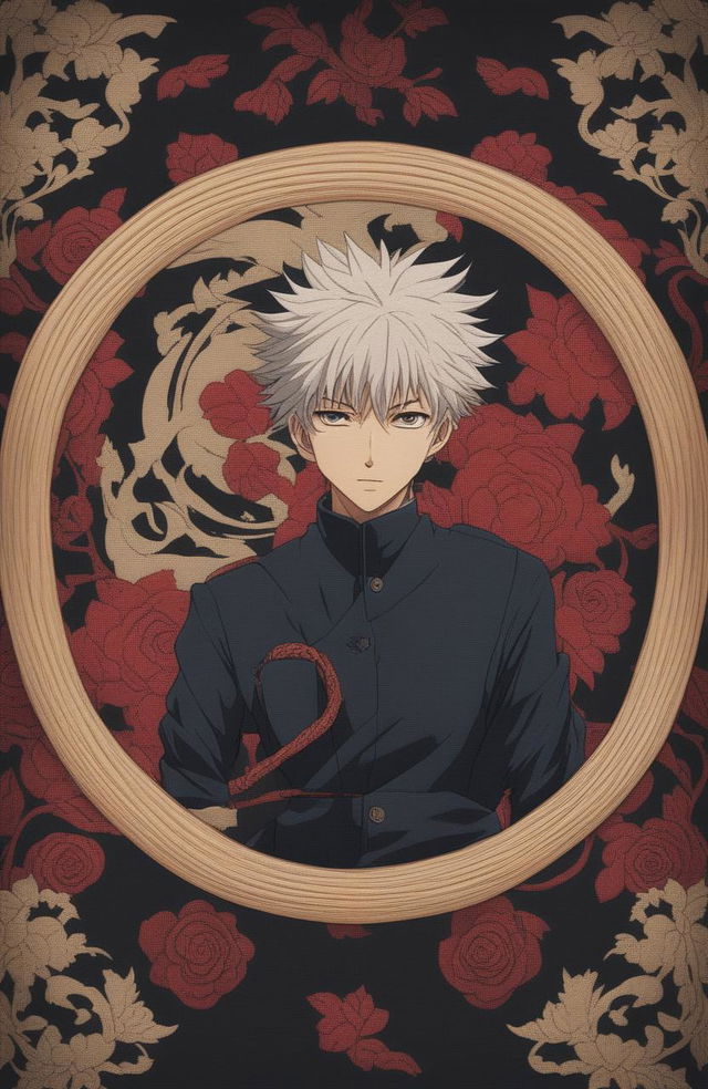 A 32k HD photograph featuring a textured hoopwheel with an intricate embroidery of a scene from the anime Jujutsu Kaisen