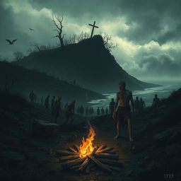 A haunting scene depicting the grim atmosphere of Nazino Island in 1933, capturing the desperation and horror faced by the people