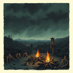 A haunting scene depicting the grim atmosphere of Nazino Island in 1933, capturing the desperation and horror faced by the people