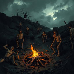 A haunting scene depicting the grim atmosphere of Nazino Island in 1933, capturing the desperation and horror faced by the people