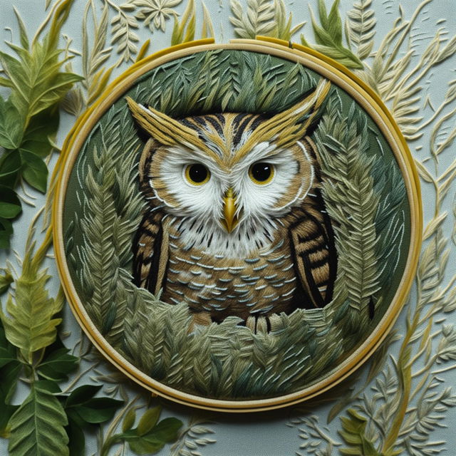 A high-definition image of a detailed embroidery of an owl in a forest, framed within a traditional wooden embroidery hoop