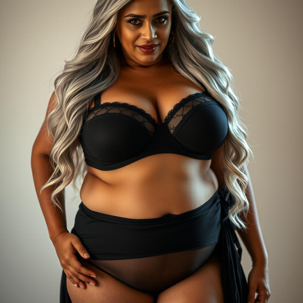 An captivating portrayal of a 55-year-old Indian plus-size woman, epitomizing a buxom and passionately voluptuous 'cougar'