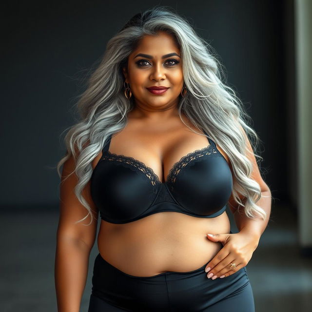 An captivating portrayal of a 55-year-old Indian plus-size woman, epitomizing a buxom and passionately voluptuous 'cougar'