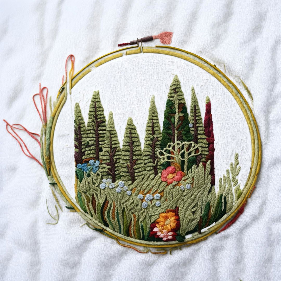 A high-resolution image of a beautifully embroidered nature scene within a wooden hoop, set against a clean white background