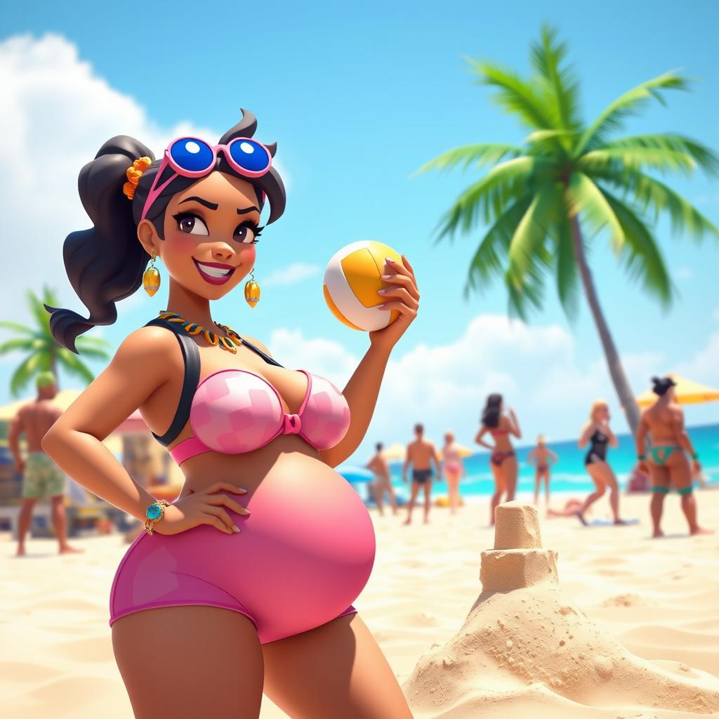 A stylized Fortnight character, inspired by the beach setting, featuring a character with larger proportions, particularly in the bust area, wearing colorful beach attire