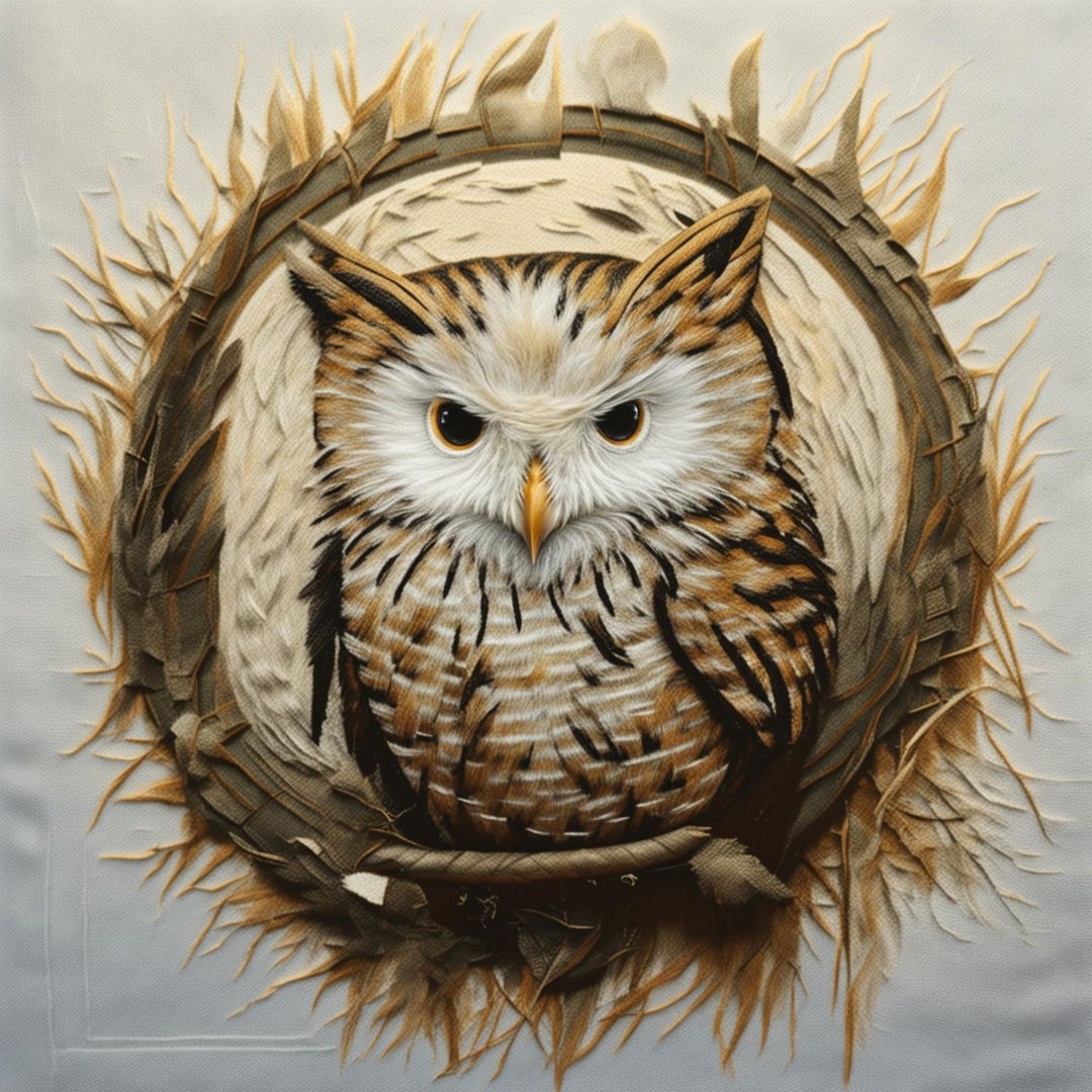 A detailed embroidery of a forest owl perched on a branch, done on a white fabric background