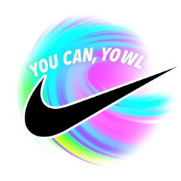 A bold and dynamic Nike logo featuring the iconic swoosh, set against a vibrant background that embodies motion and energy