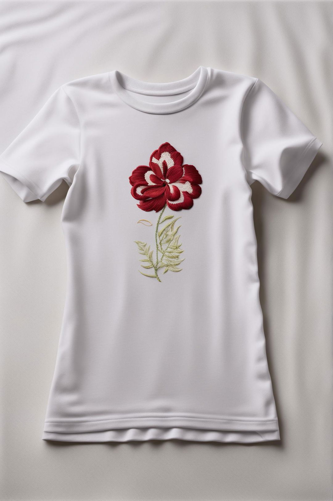 A high-quality digital art image of a white t-shirt featuring a minimalist embroidery design