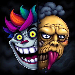 A split image featuring one side showcasing a happy scary face with exaggerated features like a wide gleeful grin filled with sharp teeth, bright eyes sparkling with mischief, and colorful hair that contrasts with a dark background