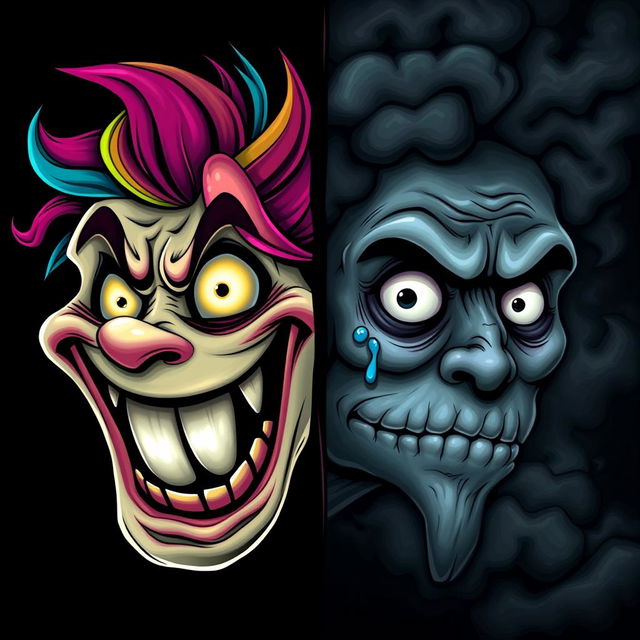 A split image featuring one side showcasing a happy scary face with exaggerated features like a wide gleeful grin filled with sharp teeth, bright eyes sparkling with mischief, and colorful hair that contrasts with a dark background