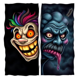 A split image featuring one side showcasing a happy scary face with exaggerated features like a wide gleeful grin filled with sharp teeth, bright eyes sparkling with mischief, and colorful hair that contrasts with a dark background