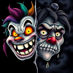 A split image featuring one side showcasing a happy scary face with exaggerated features like a wide gleeful grin filled with sharp teeth, bright eyes sparkling with mischief, and colorful hair that contrasts with a dark background