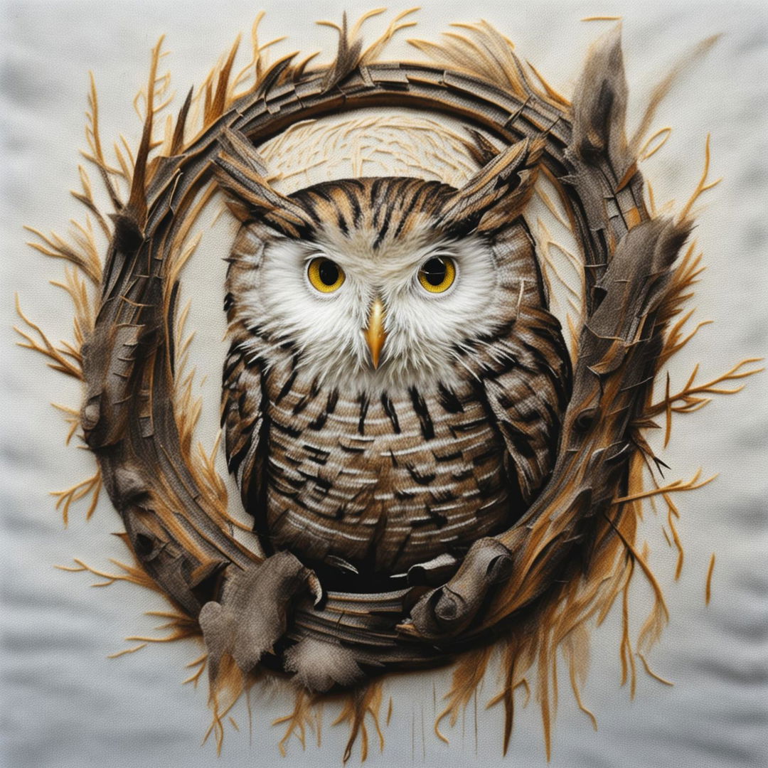 A lifelike embroidery of a forest owl perched on a branch, set against a white fabric background