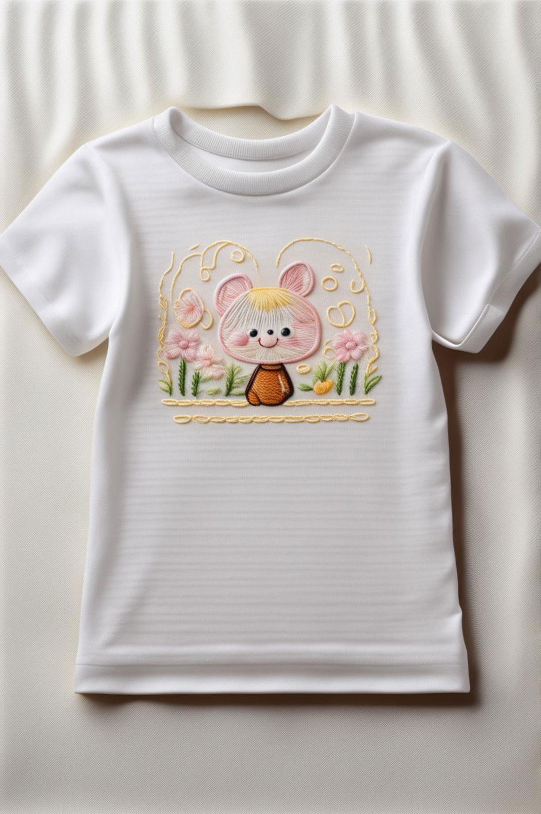 A high-quality digital art image of a white t-shirt with a cute and minimalistic embroidery