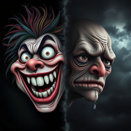 A split image featuring one side showing a realistic interpretation of a happy scary face, with a wide, gleeful grin revealing sharp, exaggerated teeth, bright, mischievous eyes, and wild, colorful hair set against a dark background