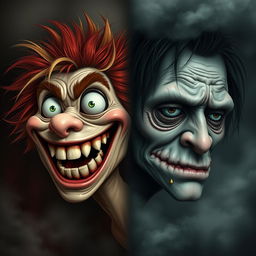 A split image featuring one side showing a realistic interpretation of a happy scary face, with a wide, gleeful grin revealing sharp, exaggerated teeth, bright, mischievous eyes, and wild, colorful hair set against a dark background