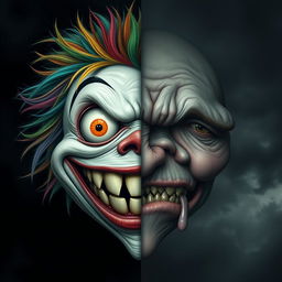 A split image featuring one side showing a realistic interpretation of a happy scary face, with a wide, gleeful grin revealing sharp, exaggerated teeth, bright, mischievous eyes, and wild, colorful hair set against a dark background