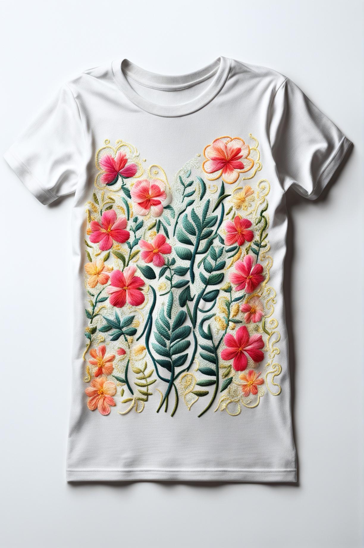 A high-quality digital art image of a white t-shirt adorned with intricate floral embroidery