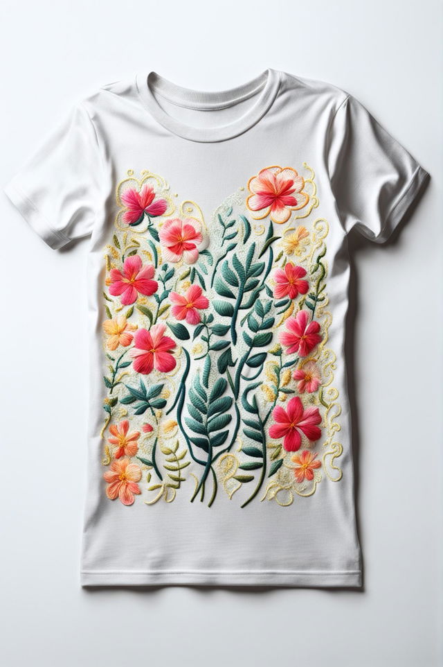 A high-quality digital art image of a white t-shirt adorned with intricate floral embroidery