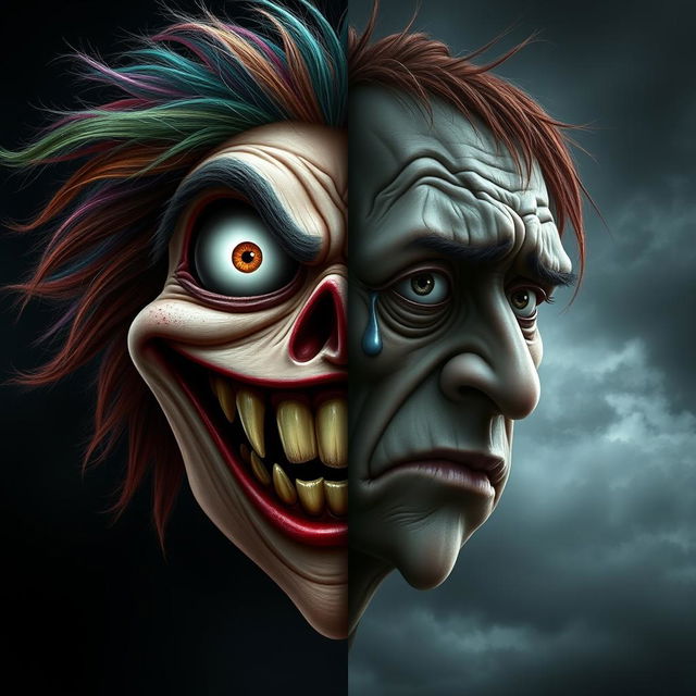 A split image featuring one side showing a realistic interpretation of a happy scary face, with a wide, gleeful grin revealing sharp, exaggerated teeth, bright, mischievous eyes, and wild, colorful hair set against a dark background