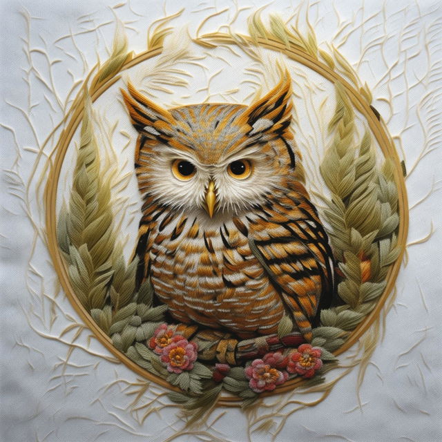 This is a high-quality image of a detailed embroidery of a forest owl perched on a branch, surrounded by lush greenery, all contained within an embroidery hoop