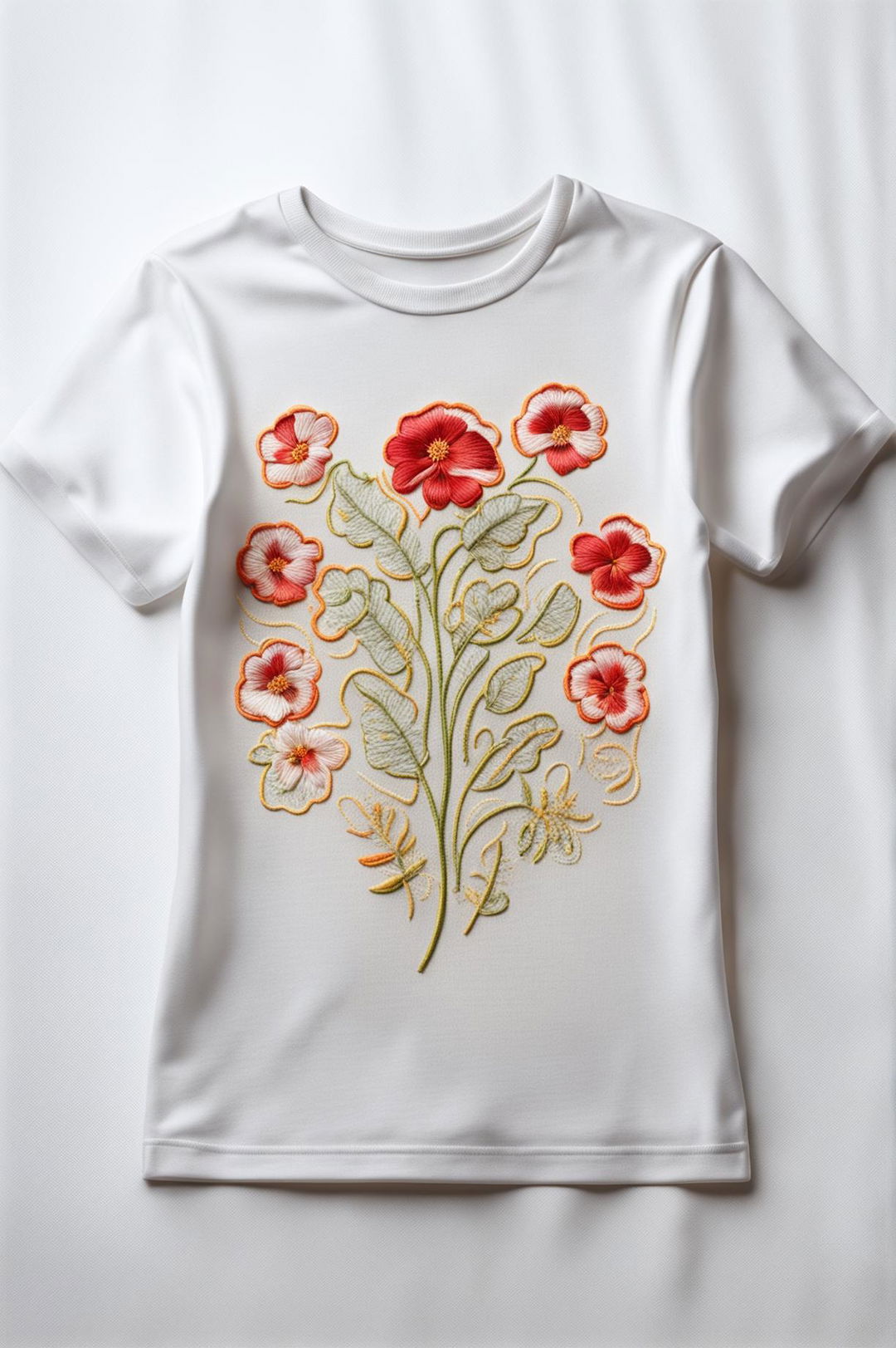 A high-quality digital art image of a white t-shirt with a minimalist floral embroidery