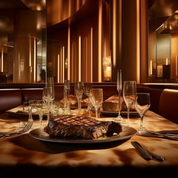 An aesthetically pleasing restaurant filled with modern, elegant decor, serving delicious T-bone steak on elegant plates, displayed prominently on tables with beautiful tablecloth and ambient lighting.