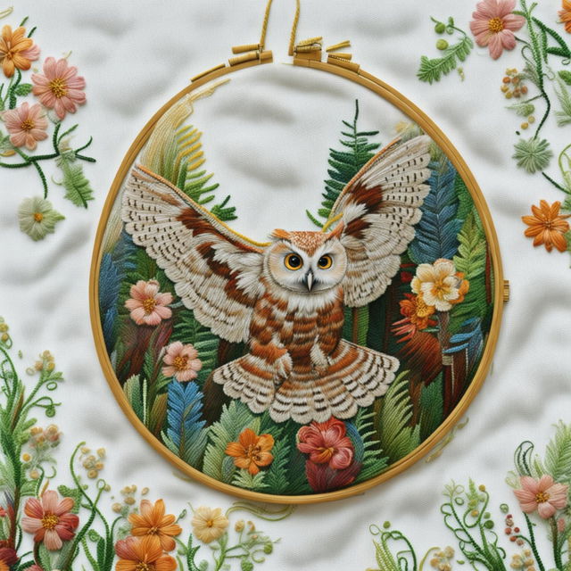 This is a high-quality image of a different embroidery artwork depicting a forest owl in mid-flight against a vibrant forest background