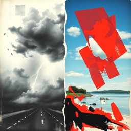 A chilling and surreal poster depicting bipolar disorder, showcasing contrasting elements of chaos and calmness