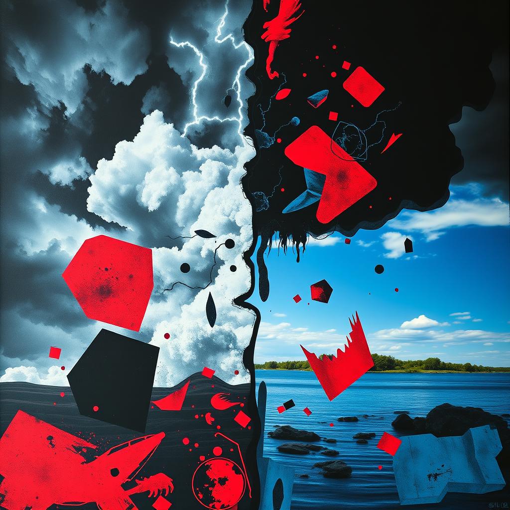 A chilling and surreal poster depicting bipolar disorder, showcasing contrasting elements of chaos and calmness