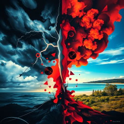 A chilling and surreal poster depicting bipolar disorder, showcasing contrasting elements of chaos and calmness
