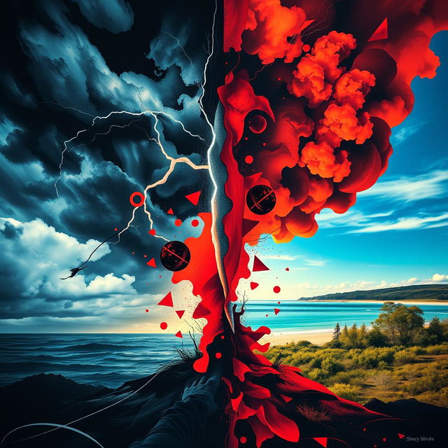 A chilling and surreal poster depicting bipolar disorder, showcasing contrasting elements of chaos and calmness