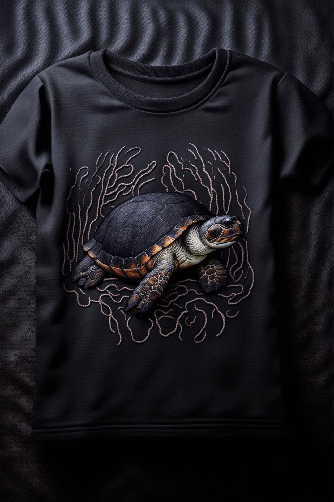 A high-quality digital art image of a dark t-shirt with a minimalistic turtle embroidery