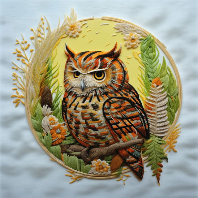 This is a high-quality image of a unique embroidery artwork featuring a serene forest owl sitting on a branch, set against a lively forest background