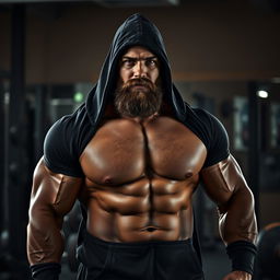 A muscular bodybuilder dressed in a black hoodie, showcasing well-defined muscles and a thick beard