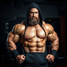A muscular bodybuilder dressed in a black hoodie, showcasing well-defined muscles and a thick beard