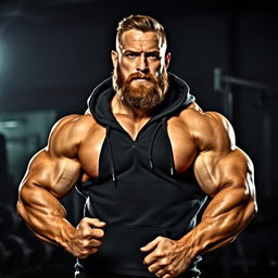 A muscular bodybuilder dressed in a black hoodie, showcasing well-defined muscles and a thick beard