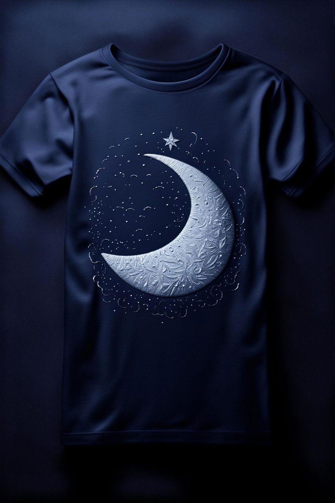 A high-quality digital art image of a midnight blue t-shirt with an embroidered chest logo of a crescent moon